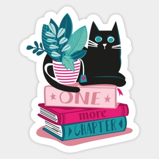 One more chapter // spot // pastel pink background black cat striped mug with plants red teal and yellow books with quote Sticker